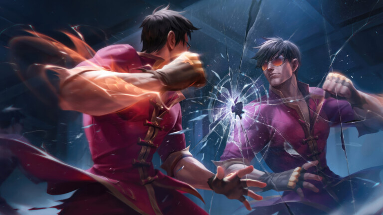 4K desktop wallpaper featuring the Lee Sin Dragon Fist Ruby Chroma LoL skin.