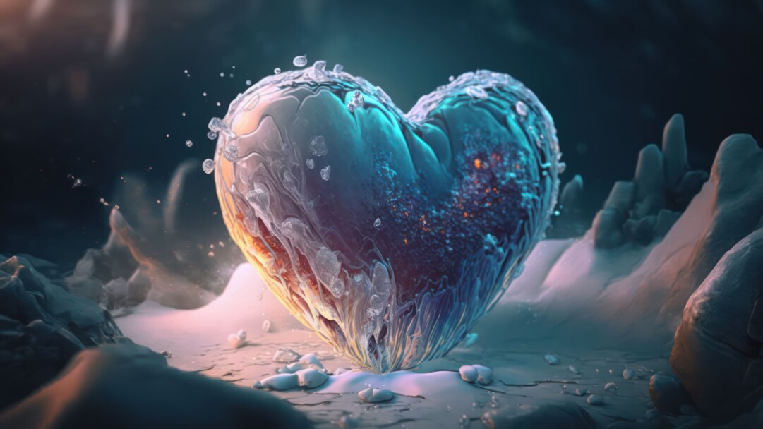 A stunning, ai-generated wallpaper featuring a frozen heart surrounded by snow in 4K resolution for your desktop background.