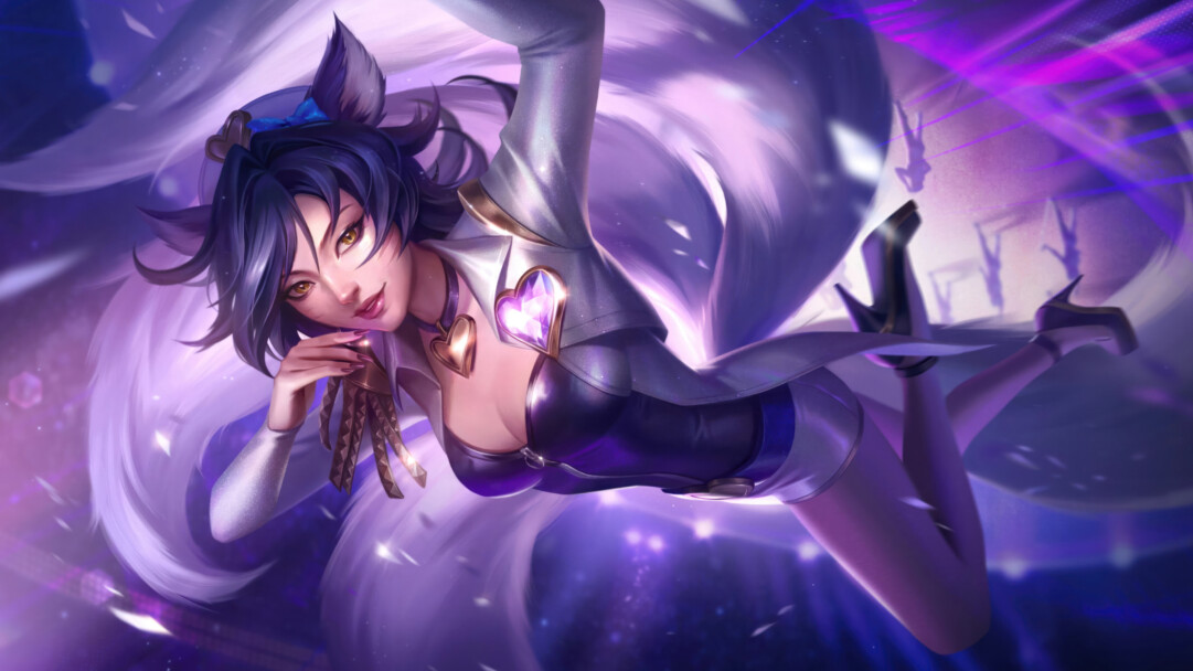 Popstar Ahri pearl chroma skin in a dynamic pose against a neon purple background - 4K wallpaper.