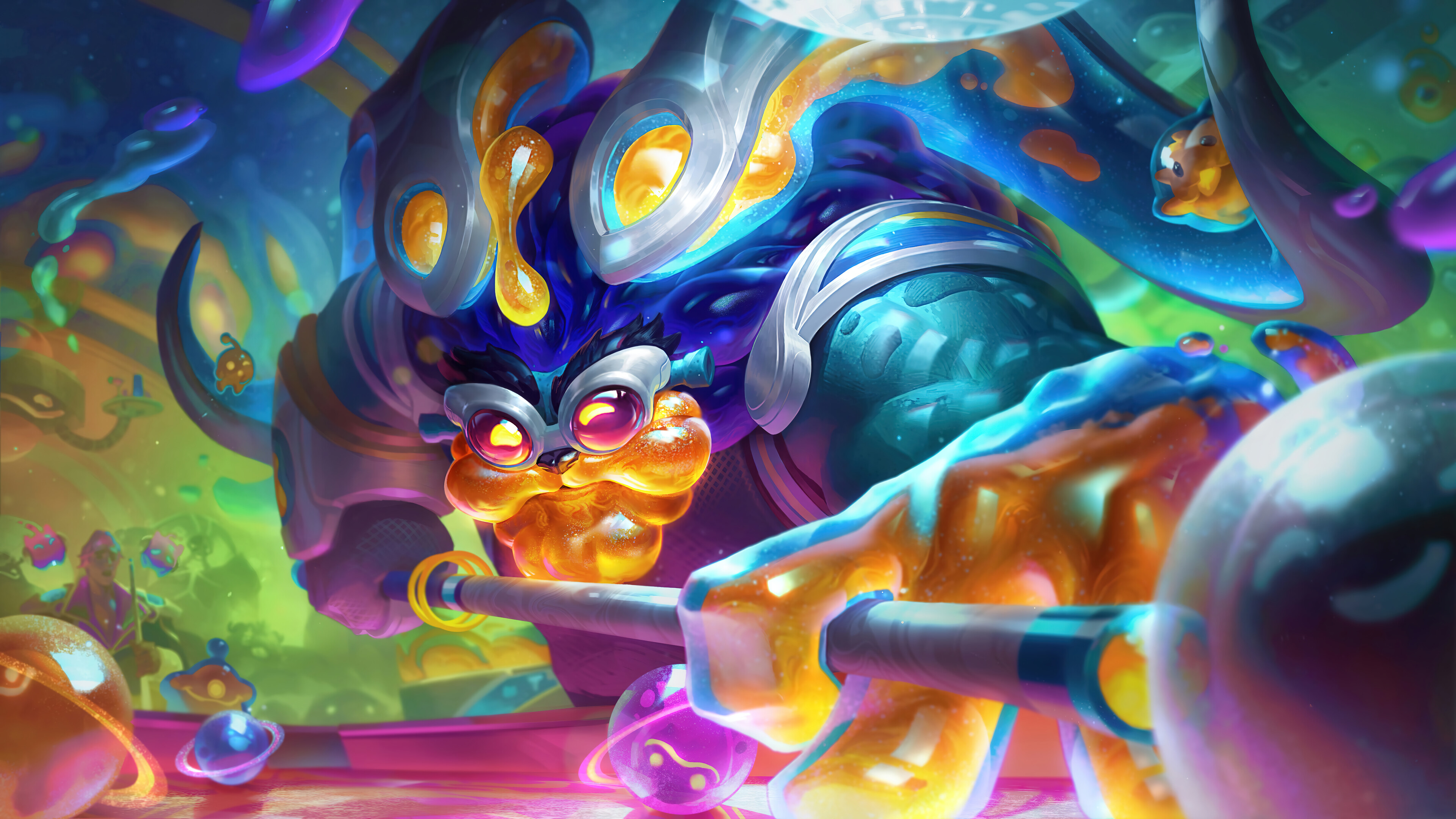 A vibrant 4K desktop wallpaper featuring the Space Groove Ornn skin in League of Legends.