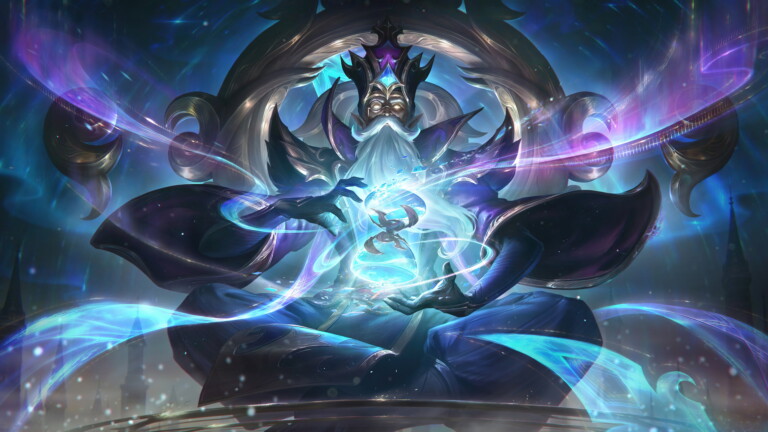 Winterblessed Zilean skin splash art in League of Legends, featuring Zilean dressed in a winter-themed outfit with ice crystals surrounding him.