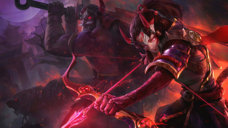 Enjoy the striking and eerie visuals of the Blood Moon Ashe and Tryndamere skins in this 4K wallpaper from League of Legends.