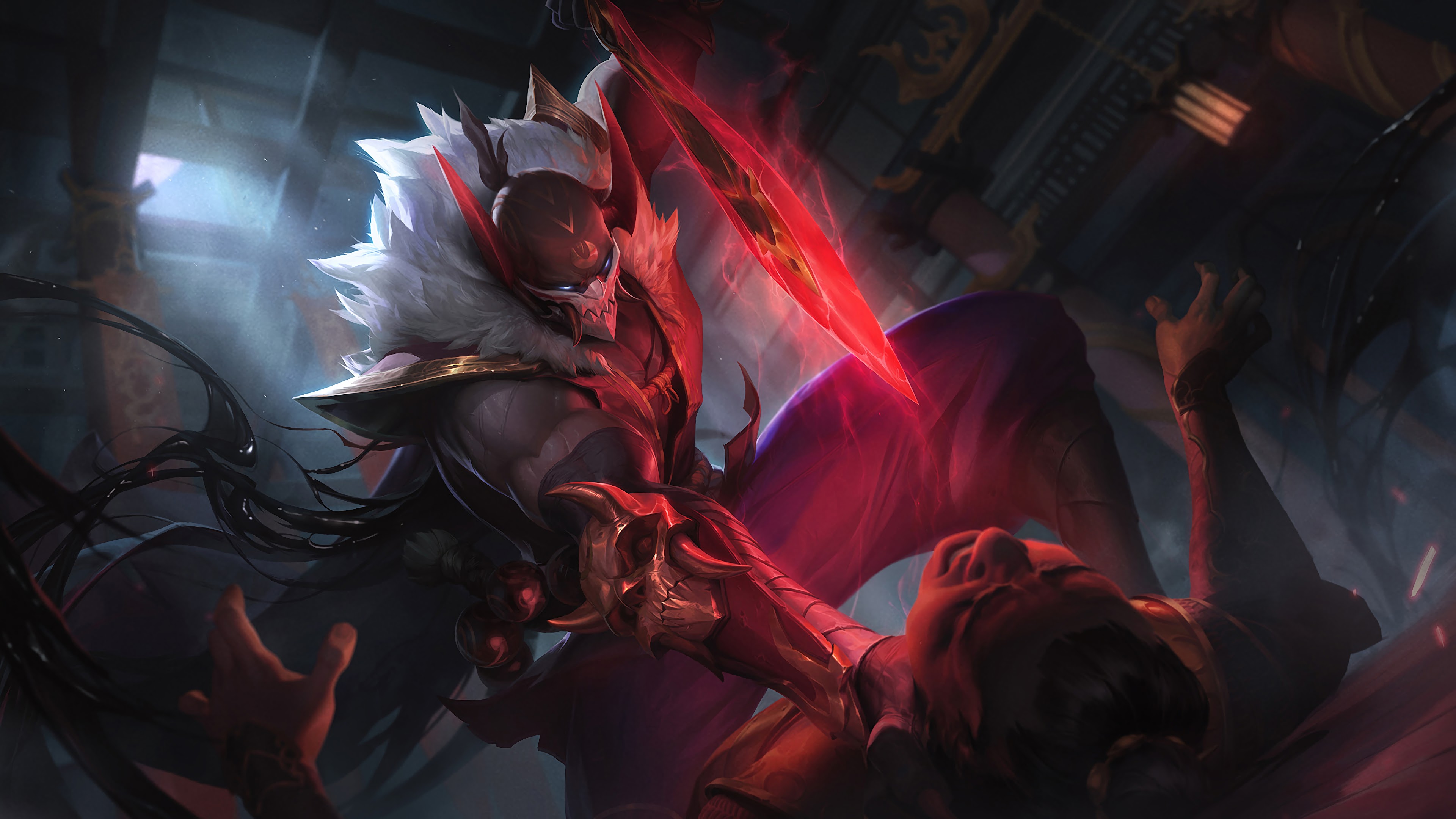 A dark and haunting 4K desktop wallpaper featuring the Blood Moon Pyke skin from League of Legends.