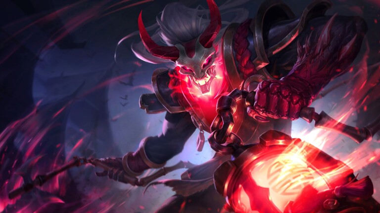 Blood Moon Thresh skin wallpaper in 4K resolution. The eerie red and black color scheme with intricate details of the skin will add a sinister touch to your screen.