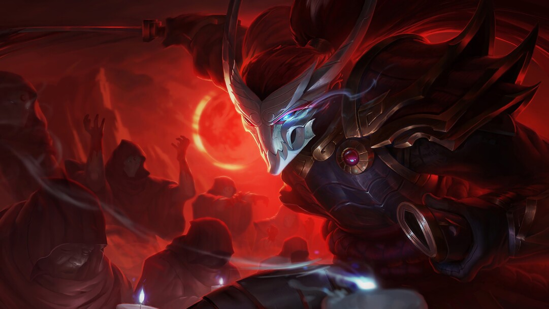 A striking 4K wallpaper featuring the Blood Moon Yasuo skin from League of Legends.