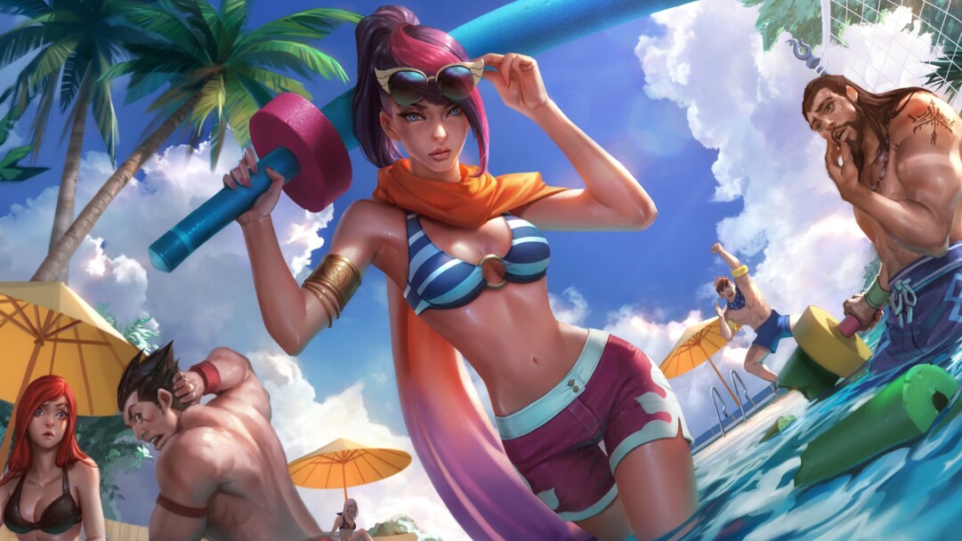 A refreshing 4K desktop wallpaper featuring the Pool Party Fiora skin from League of Legends. Enjoy the sunny weather with Fiora and her inflatable sword.
