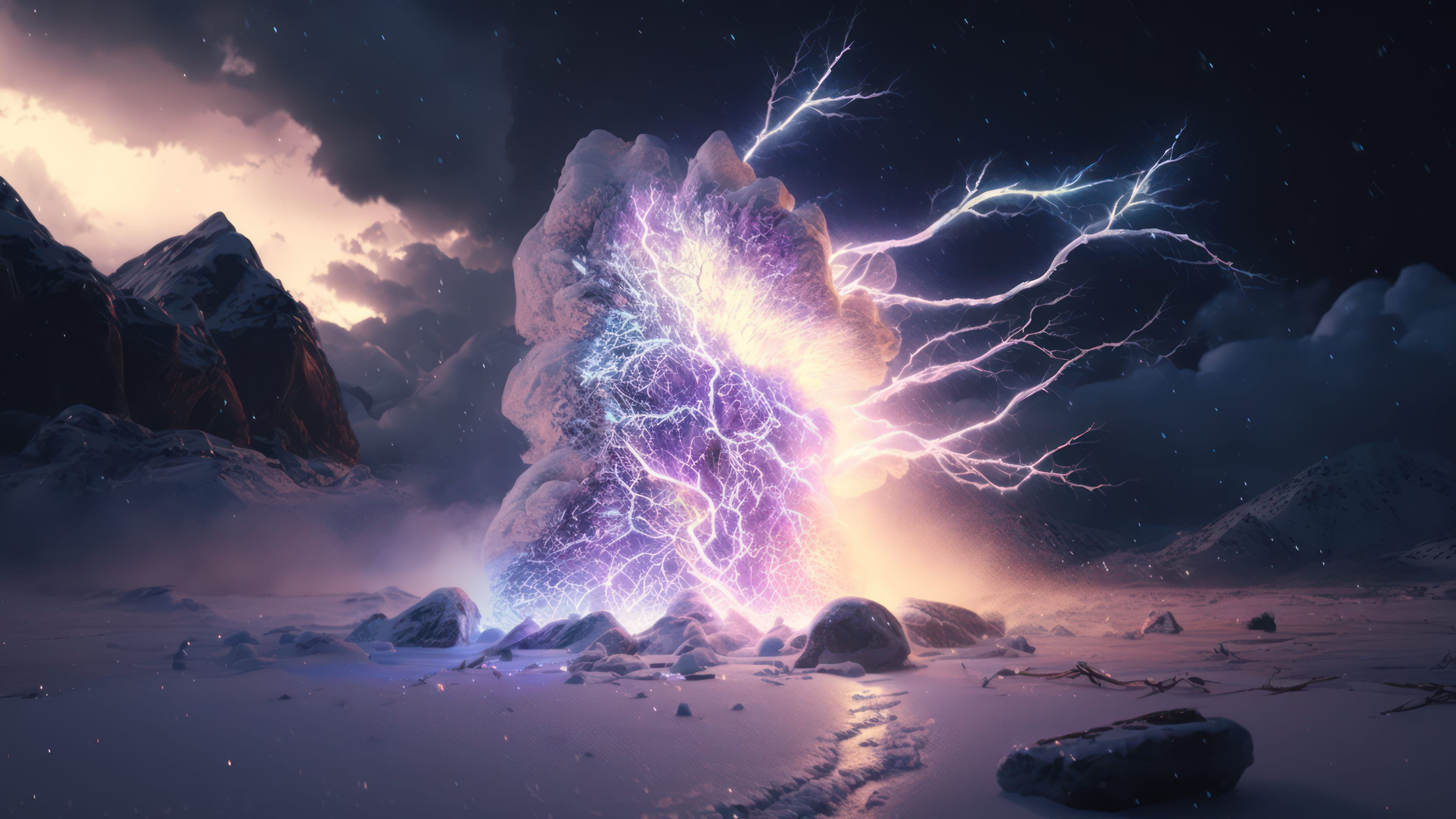 A stunning mountain scenery with an explosive bolt created by AI, in 4K resolution for desktop wallpaper.