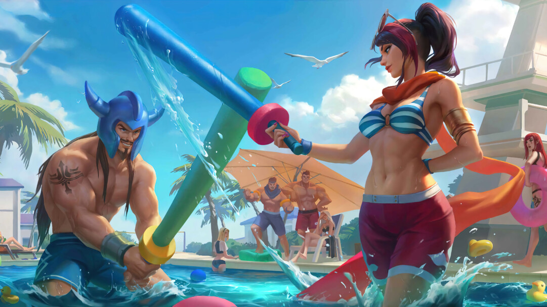 Enjoy the summer vibes with this stunning 4K wallpaper featuring the Pool Party Fiora Skin from League of Legends.