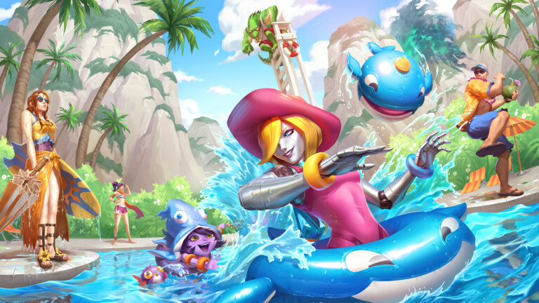 A colorful 4K desktop wallpaper featuring the Pool Party Orianna and Lulu skins from League of Legends.