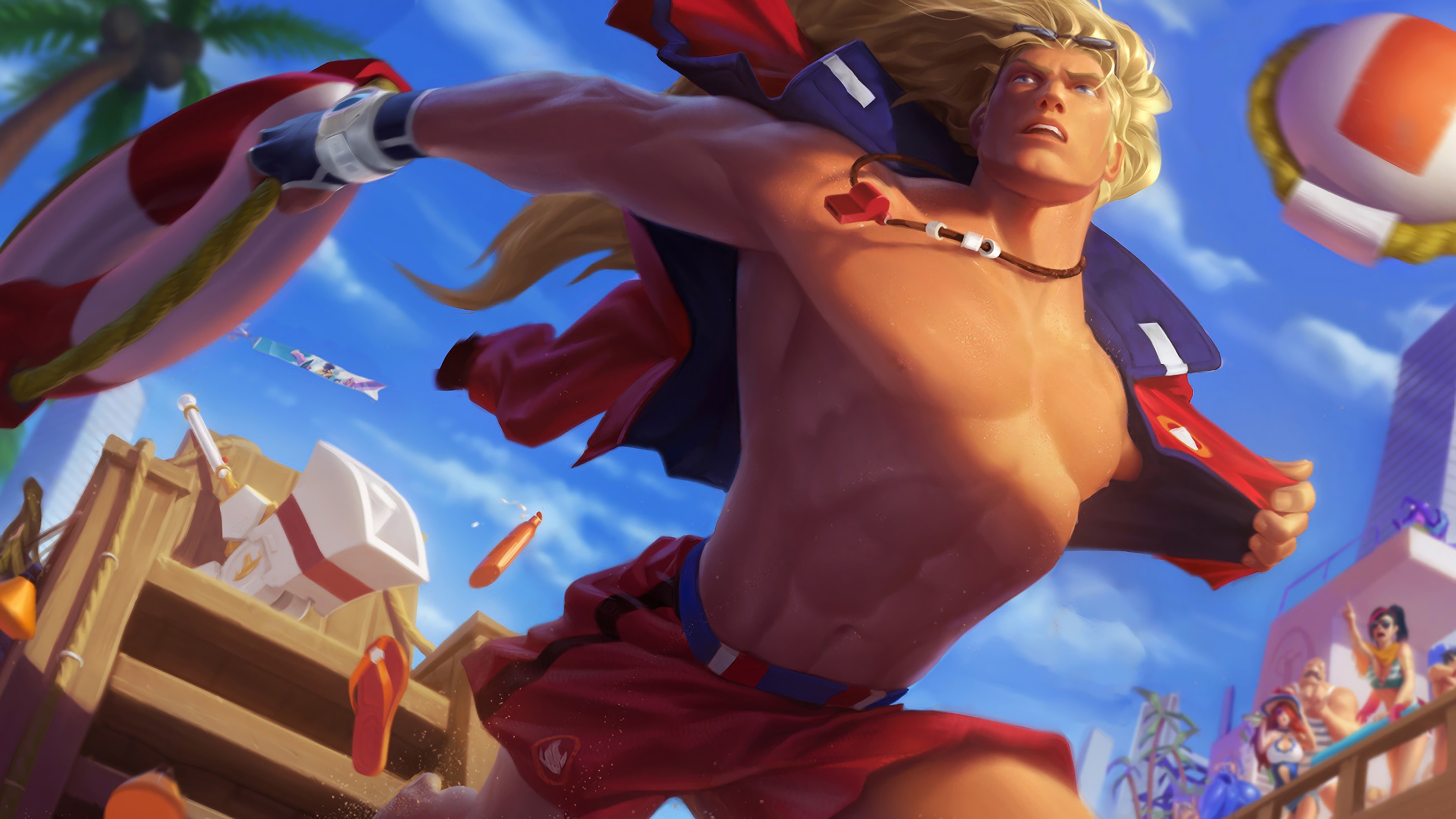 Enjoy the sunny weather with the Pool Party Taric skin from League of Legends. This 4K wallpaper depicts the gem knight in his beach attire, ready for some fun in the sun.