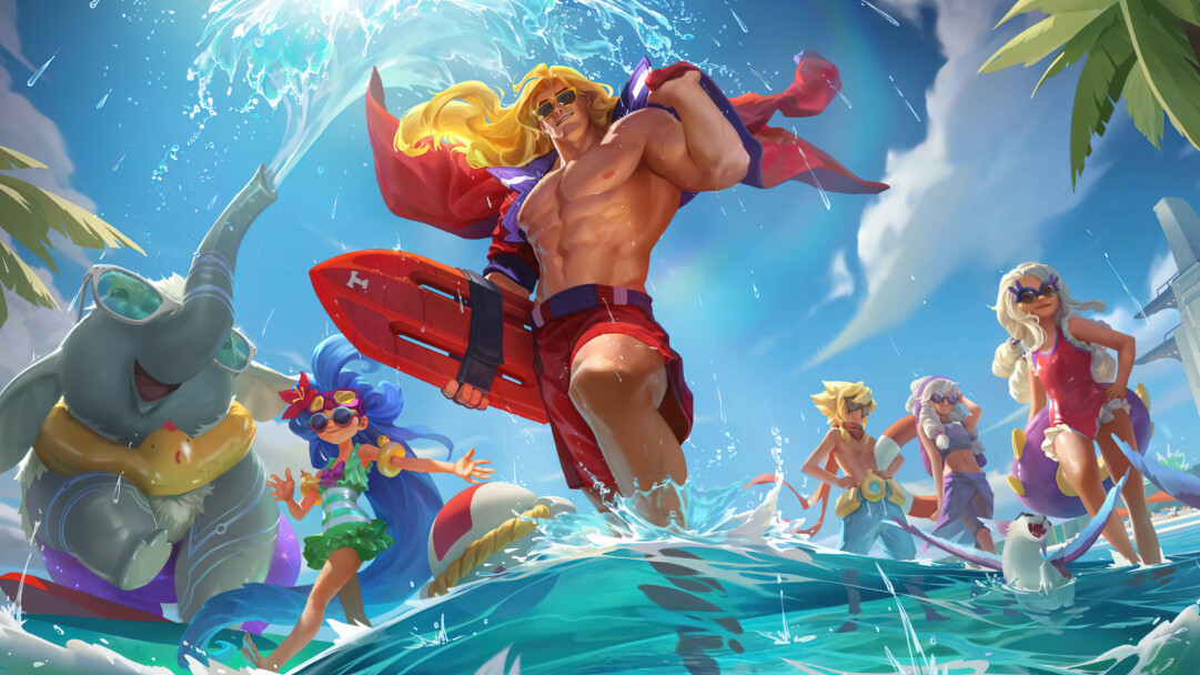 Enjoy the summer vibes with this stunning 4K wallpaper featuring the Pool Party Taric skin from League of Legends.