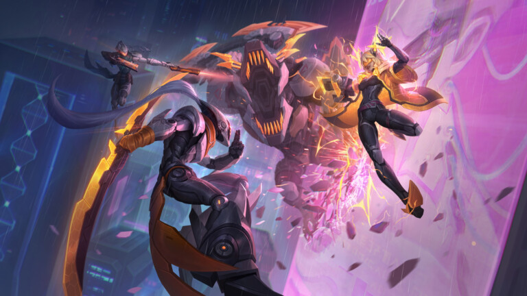 A stunning 4K desktop wallpaper featuring the Project skins for Yi, Zeri, Renekton, and Lucian in League of Legends Wild Rift.