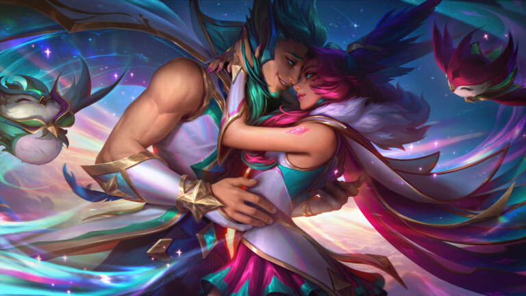 A beautiful 4K desktop wallpaper featuring the Redeemed Star Guardian Xayah and Rakan skins from League of Legends Wild Rift.