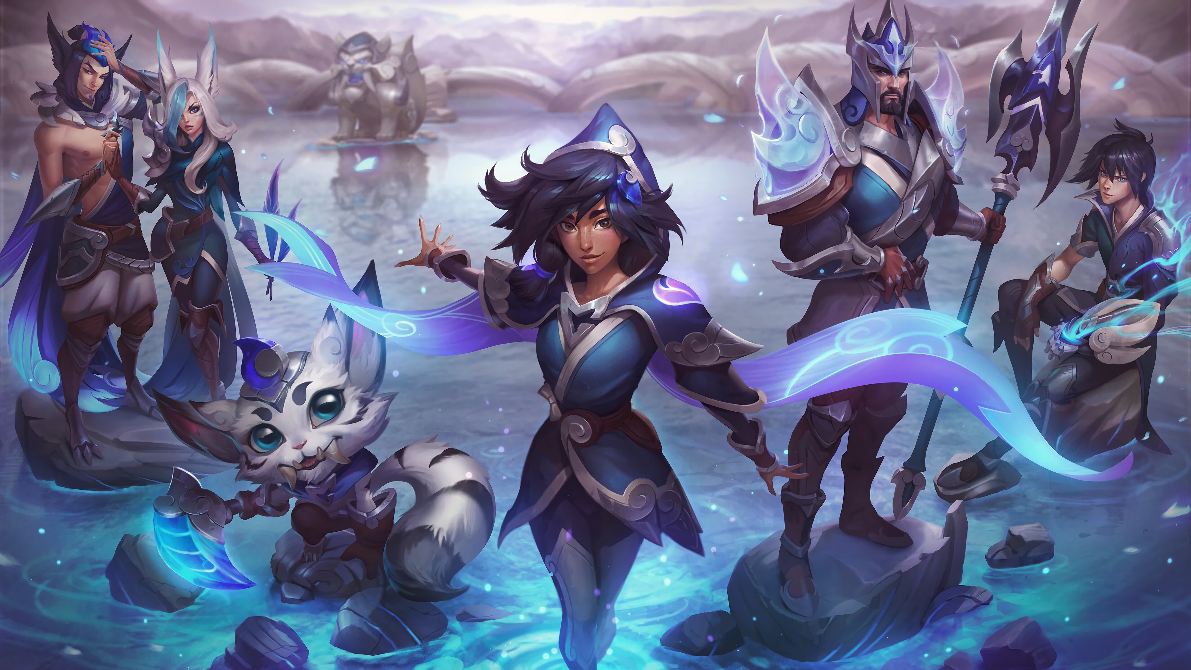 Get ready for the ultimate showdown with this stunning 4K wallpaper featuring the SSG World Championship skins of Taliyah, Jarvan IV, Ezreal, Gnar, Xayah, and Rakan in League of Legends.