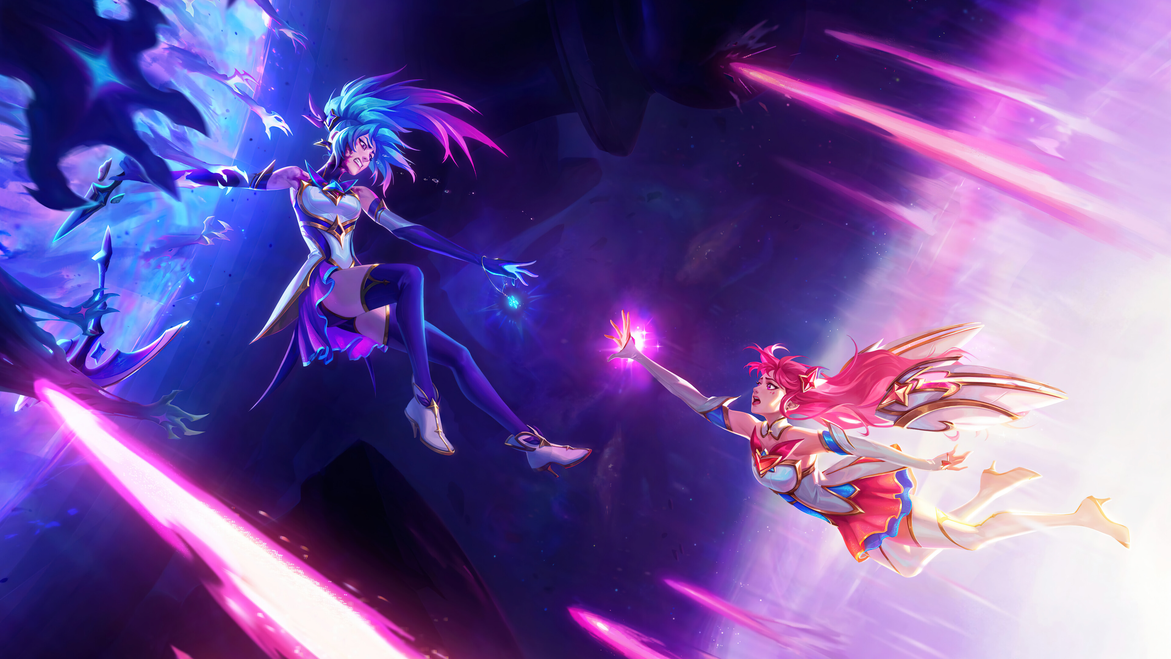 A stunning 4K desktop wallpaper featuring the Star Guardian Akali and Kai'Sa skins from League of Legends.