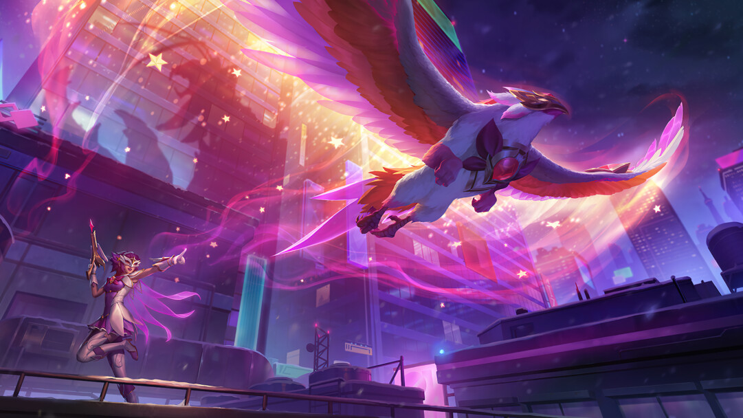 A stunning 4K desktop wallpaper featuring the Star Guardian Quinn skin from Legends of Runeterra.