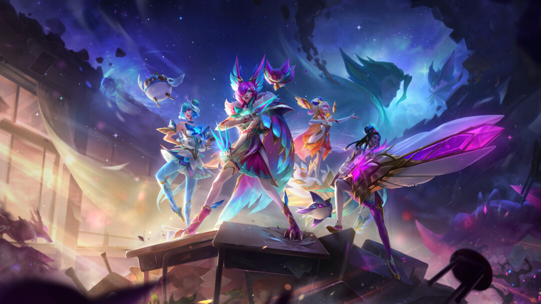 A stunning 4K desktop wallpaper featuring the Star Guardian skins for Xayah, Orianna, Senna, and Seraphine in League of Legends Wild Rift.