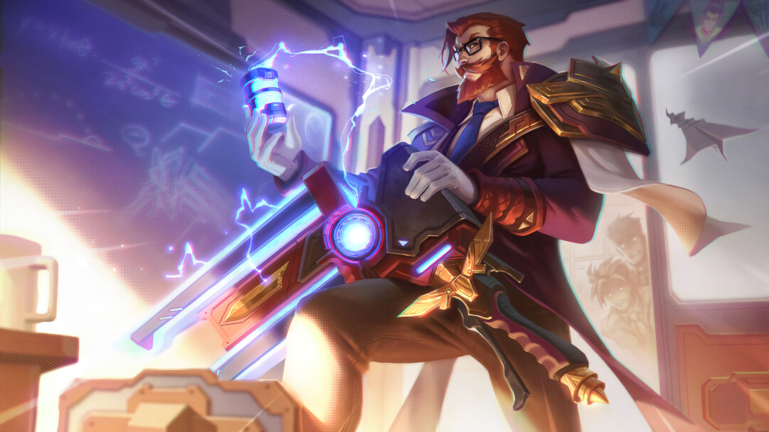 A captivating 4K wallpaper featuring the Battle Academia Graves skin from League of Legends Wild Rift. Graves, a renowned marksman, is showcased in his Battle Academia attire, wielding his signature shotgun with determination.