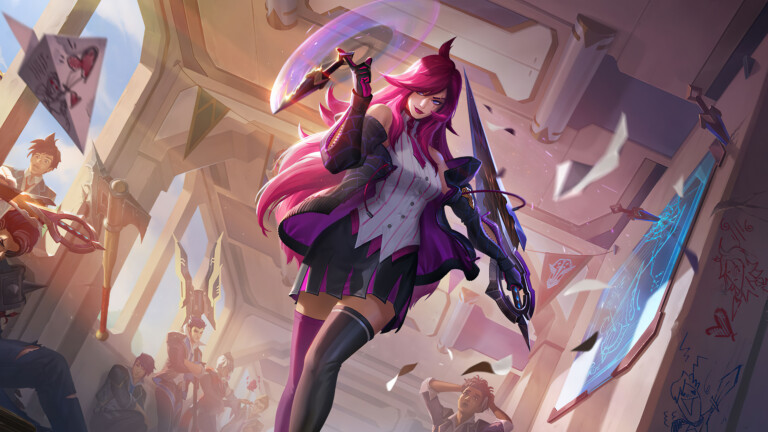 A captivating 4K wallpaper featuring the Battle Academia Katarina Level 1 skin from League of Legends. Katarina, a fierce and skilled assassin, is showcased in her stunning Battle Academia attire, ready for intense battles in the world of League of Legends.
