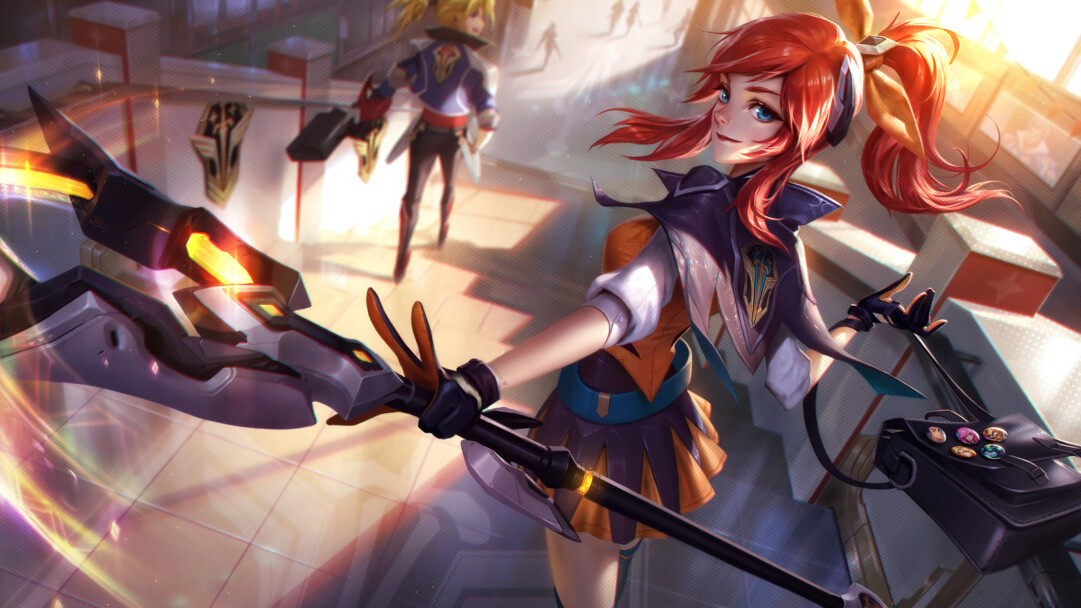 A stunning 4K wallpaper featuring the Battle Academia Lux skin from League of Legends Wild Rift. Lux, the radiant sorceress, is depicted in her vibrant Battle Academia outfit, casting magical spells with her staff in hand.