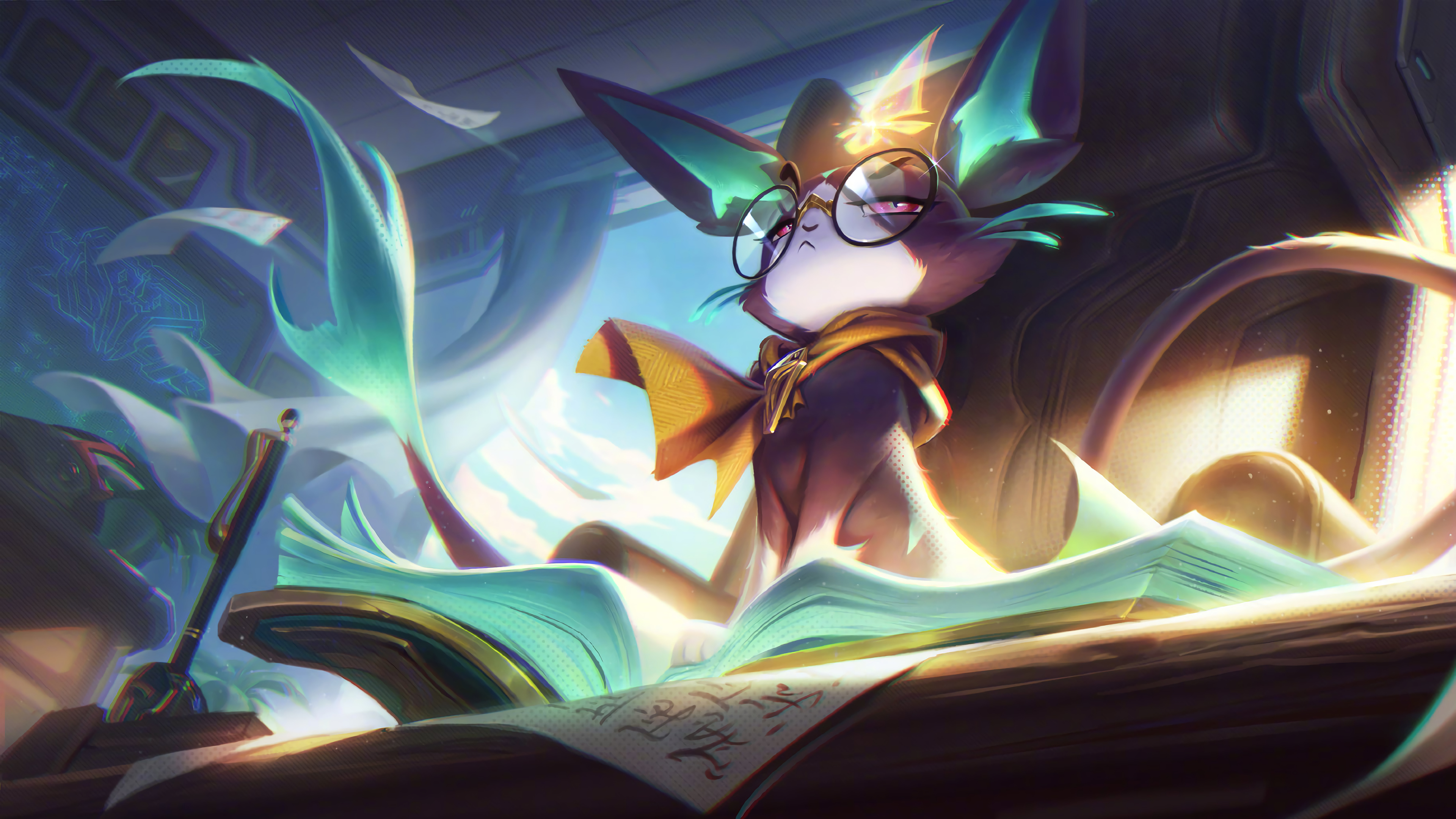 A captivating 4K wallpaper featuring the Battle Academia Yuumi skin from League of Legends. Yuumi, the magical feline support champion, is depicted in her Battle Academia skin, ready for action.