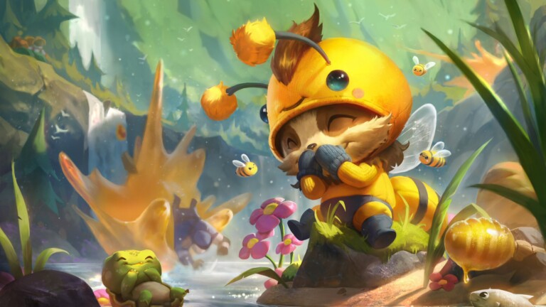 A cute and vibrant 4K desktop wallpaper featuring the Beemo Teemo skin from League of Legends.