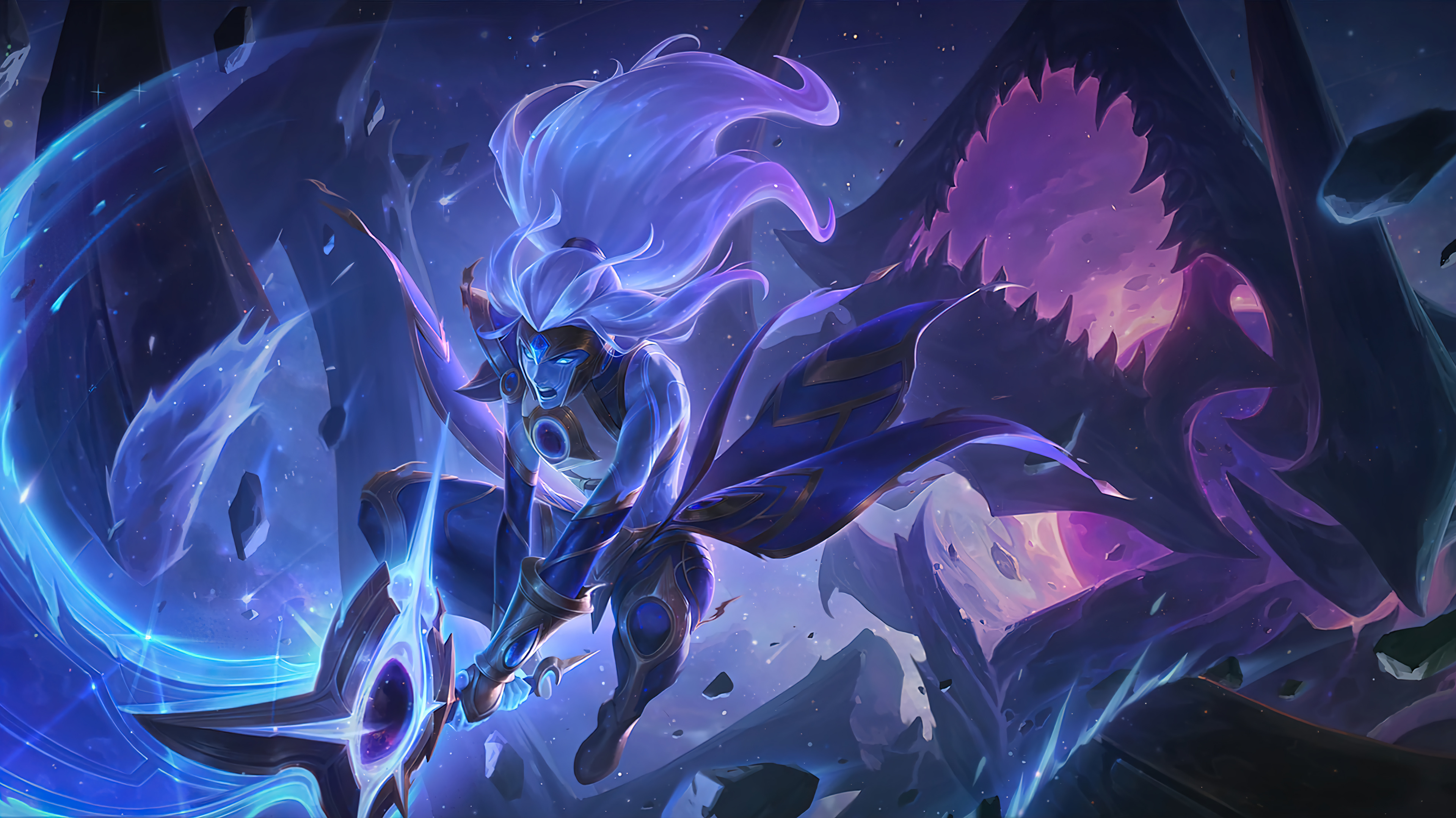 A stunning 4K desktop wallpaper featuring the Cosmic Exile Riven skin from Legends of Runeterra.