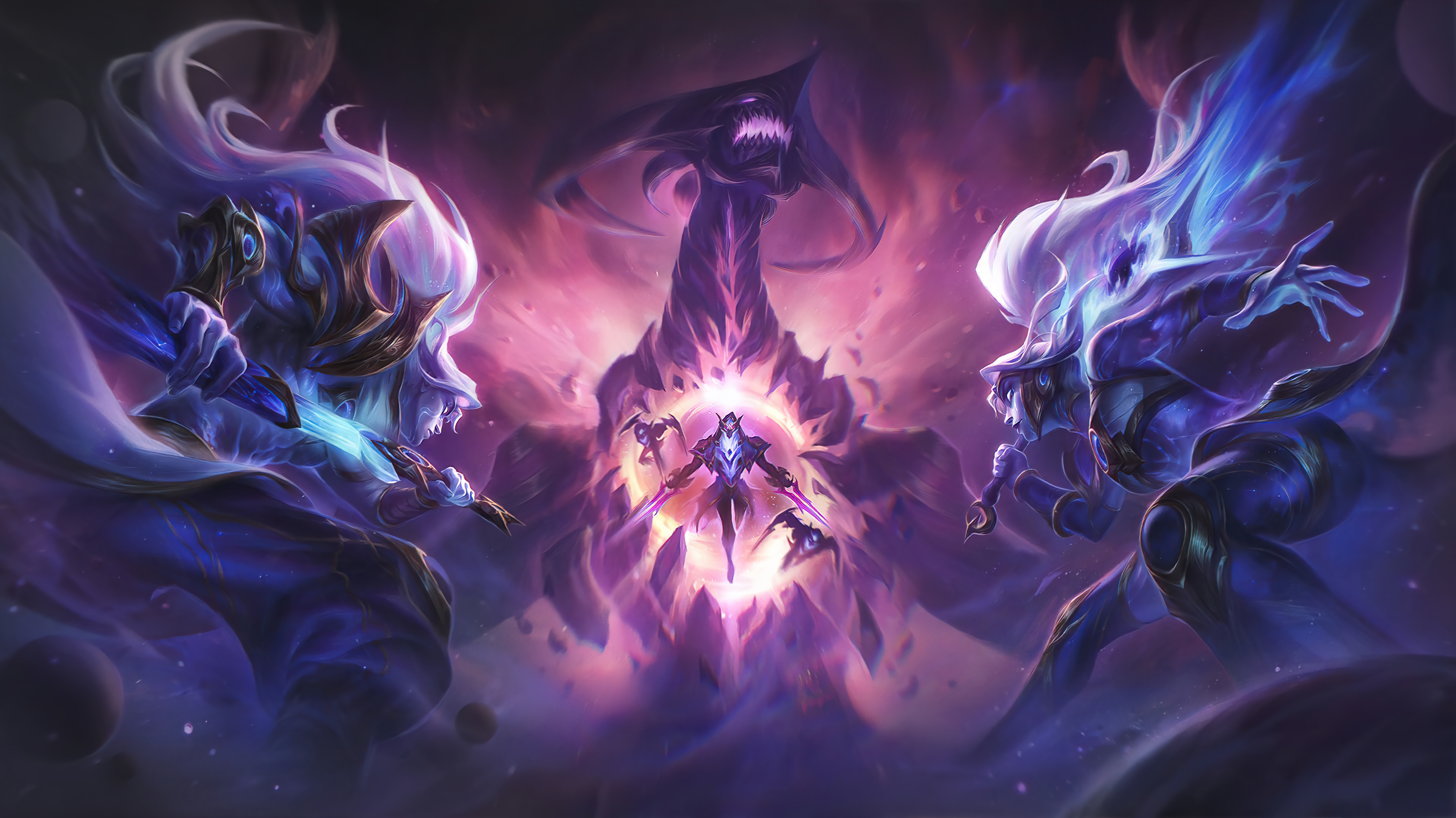 A stunning 4K desktop wallpaper featuring the Cosmic Yasuo, Riven, Dark Star Zed, and Shyvana skins from Legends of Runeterra.