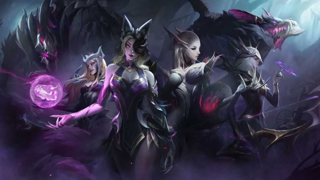 A stunning 4K desktop wallpaper featuring the Coven Ahri, Evelynn, Ashe, Cassiopeia, Warwick, and Malphite skins from League of Legends.