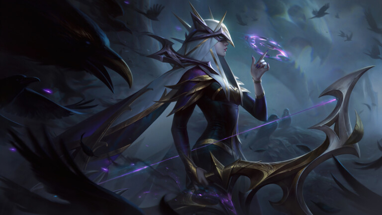 A beautiful 4K desktop wallpaper featuring the Coven Ashe skin from League of Legends.