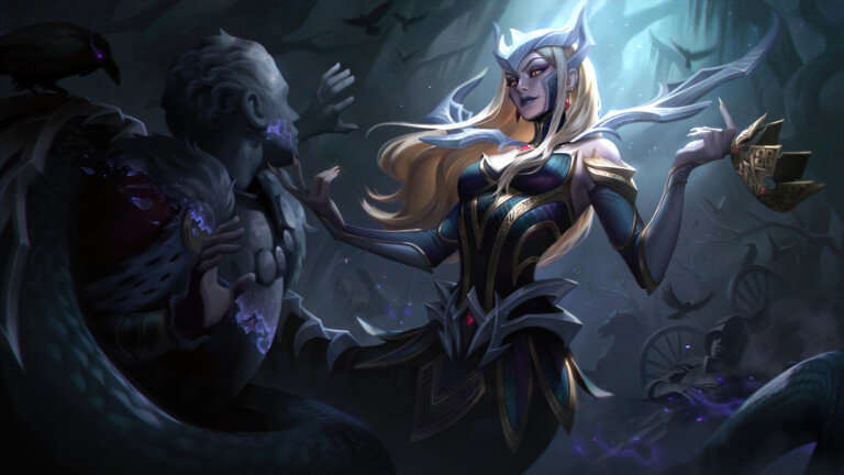 A stunning 4K desktop wallpaper featuring the Coven Cassiopeia skin in League of Legends.