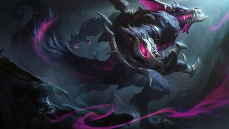 A dark and mysterious 4K desktop wallpaper featuring the Coven Warwick skin from League of Legends.
