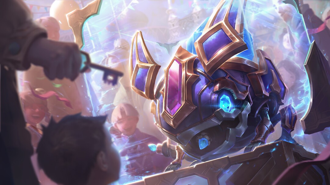 A high-resolution 4K wallpaper featuring the Hextech Kog'Maw skin from League of Legends. Kog'Maw, the Voidborn champion, is depicted in his vibrant and mechanical Hextech form, ready to unleash chaos and destruction.