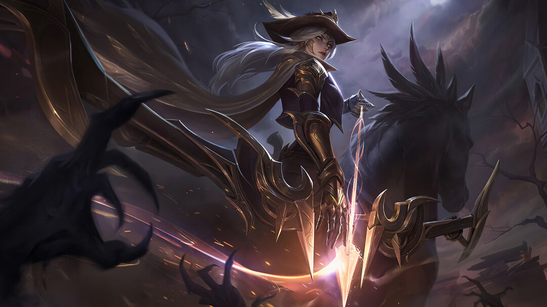 A captivating 4K wallpaper featuring the High Noon Ashe skin from League of Legends. Ashe, the Frost Archer, is depicted in her High Noon attire with fiery arrows ready to be unleashed.