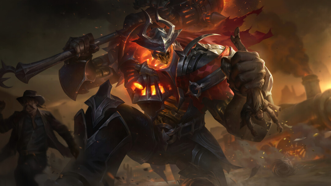 A captivating 4K wallpaper featuring the High Noon Mordekaiser skin from League of Legends. Mordekaiser, the iron revenant, is depicted in a dramatic pose with his fiery High Noon-themed appearance, ready to unleash his dark powers upon his foes.