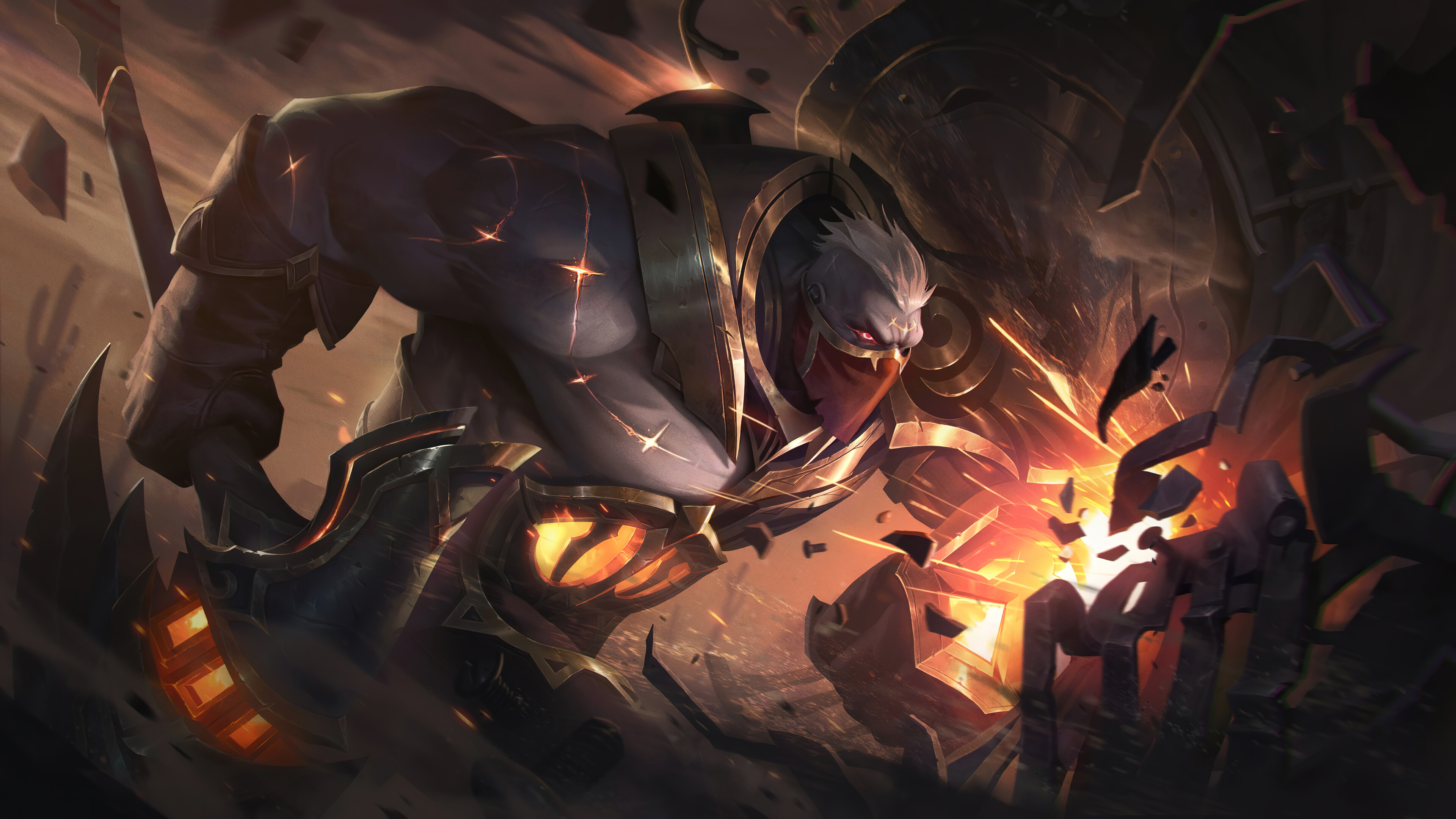 A high-quality 4K wallpaper showcasing the High Noon Sion skin from League of Legends. Sion, the Undead Juggernaut, is depicted in his formidable High Noon attire, wielding a massive axe and emanating an aura of fiery power.