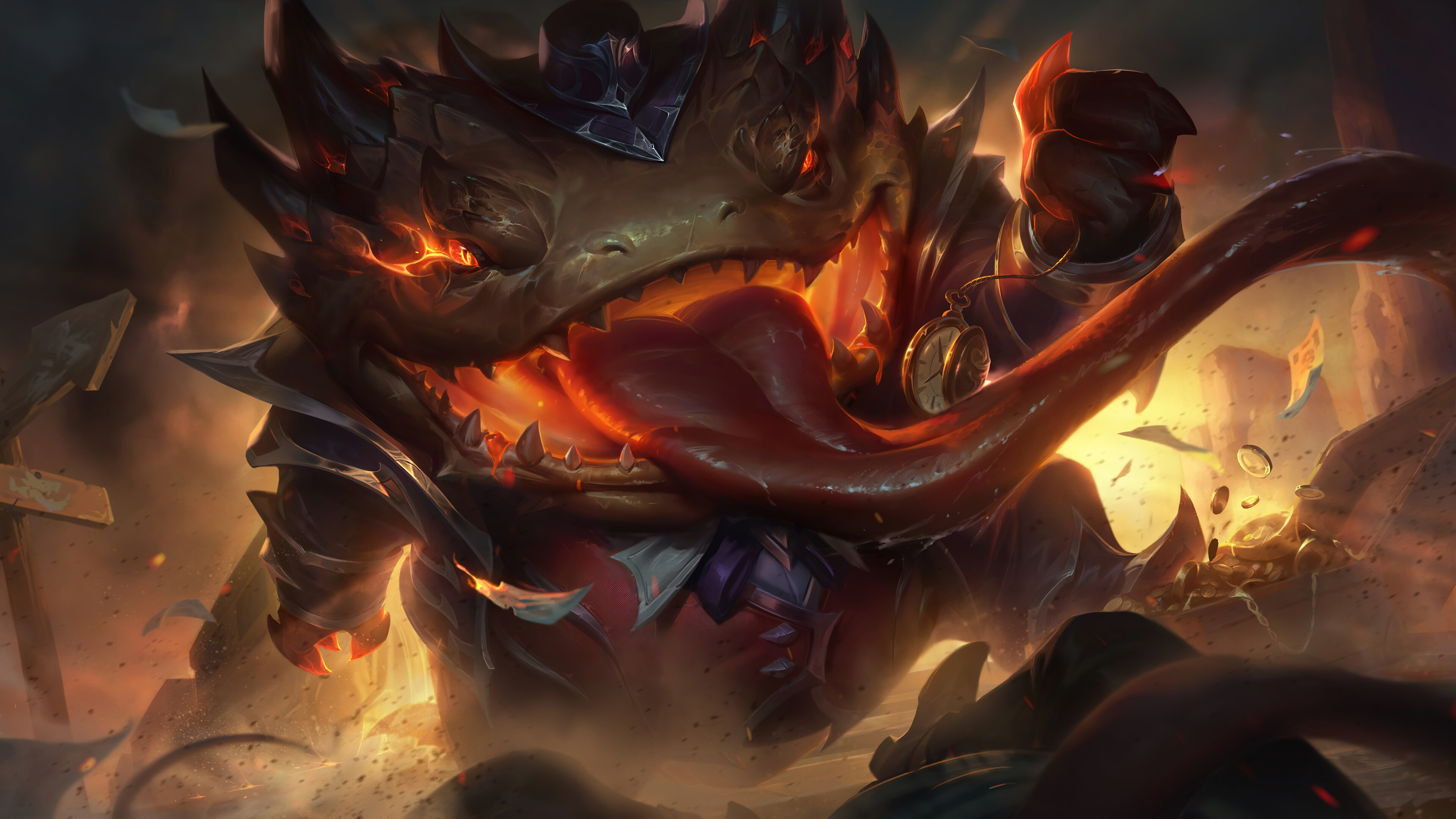 A captivating 4K wallpaper featuring the High Noon Tahm Kench skin from League of Legends. Tahm Kench, the River King, is depicted in his High Noon attire, emanating a wild-western aura with his menacing presence.