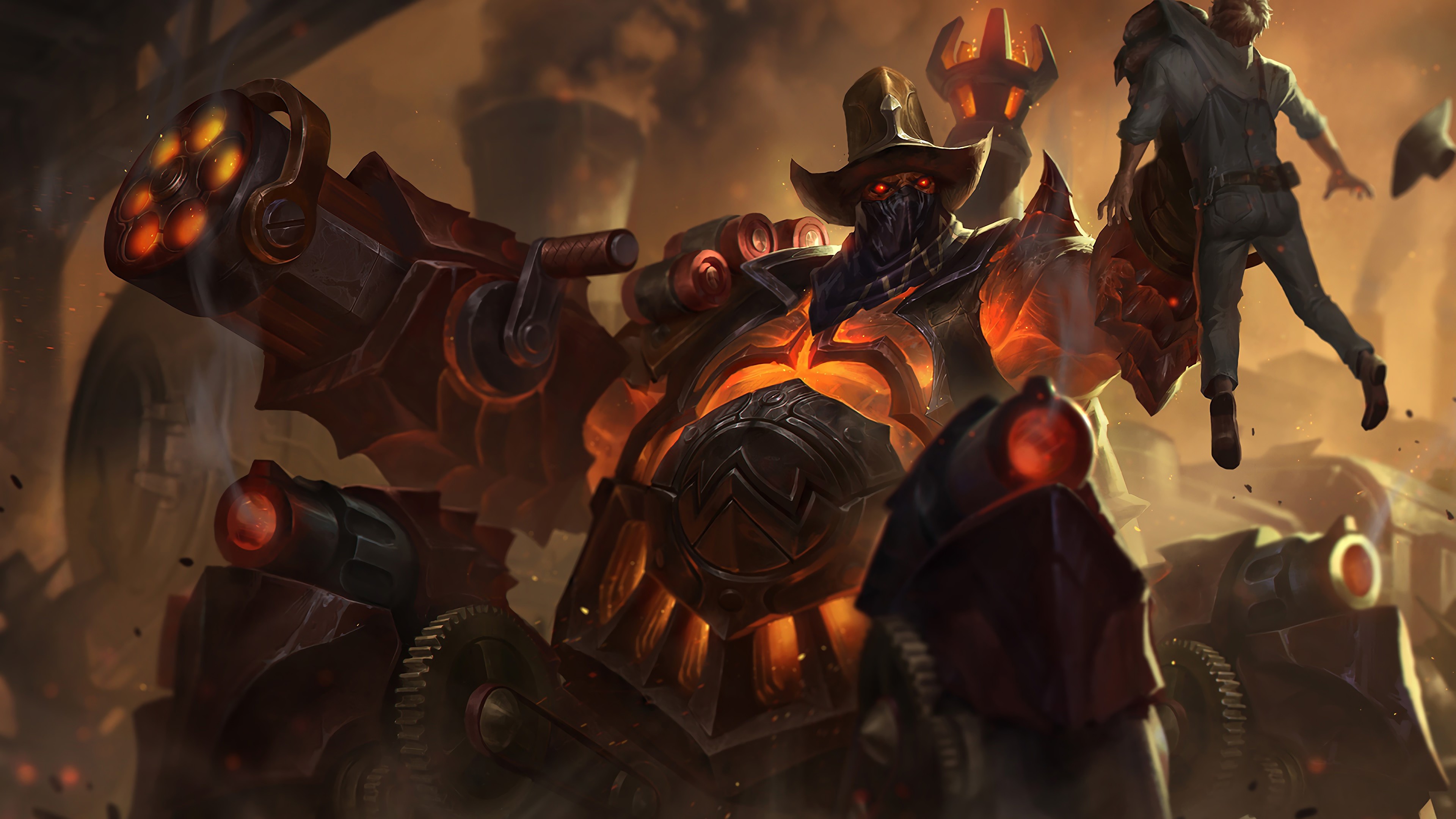 A captivating 4K wallpaper showcasing the High Noon Urgot skin from League of Legends. Urgot, the dreadnought of Noxus, is portrayed in his High Noon attire, emanating a menacing presence against a backdrop of the Wild West.