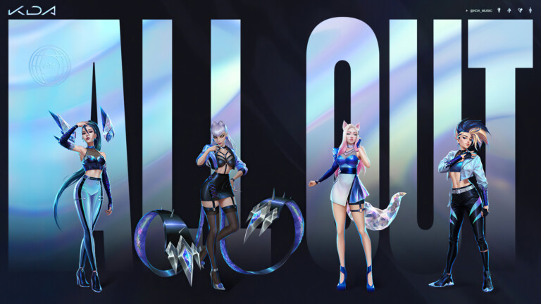 A stunning 4K wallpaper featuring the new K/DA skins for Ahri, Akali, Evelynn, and Kai'Sa from League of Legends. The K/DA members are shown in their glamorous outfits, ready to perform on stage with their signature style and attitude.
