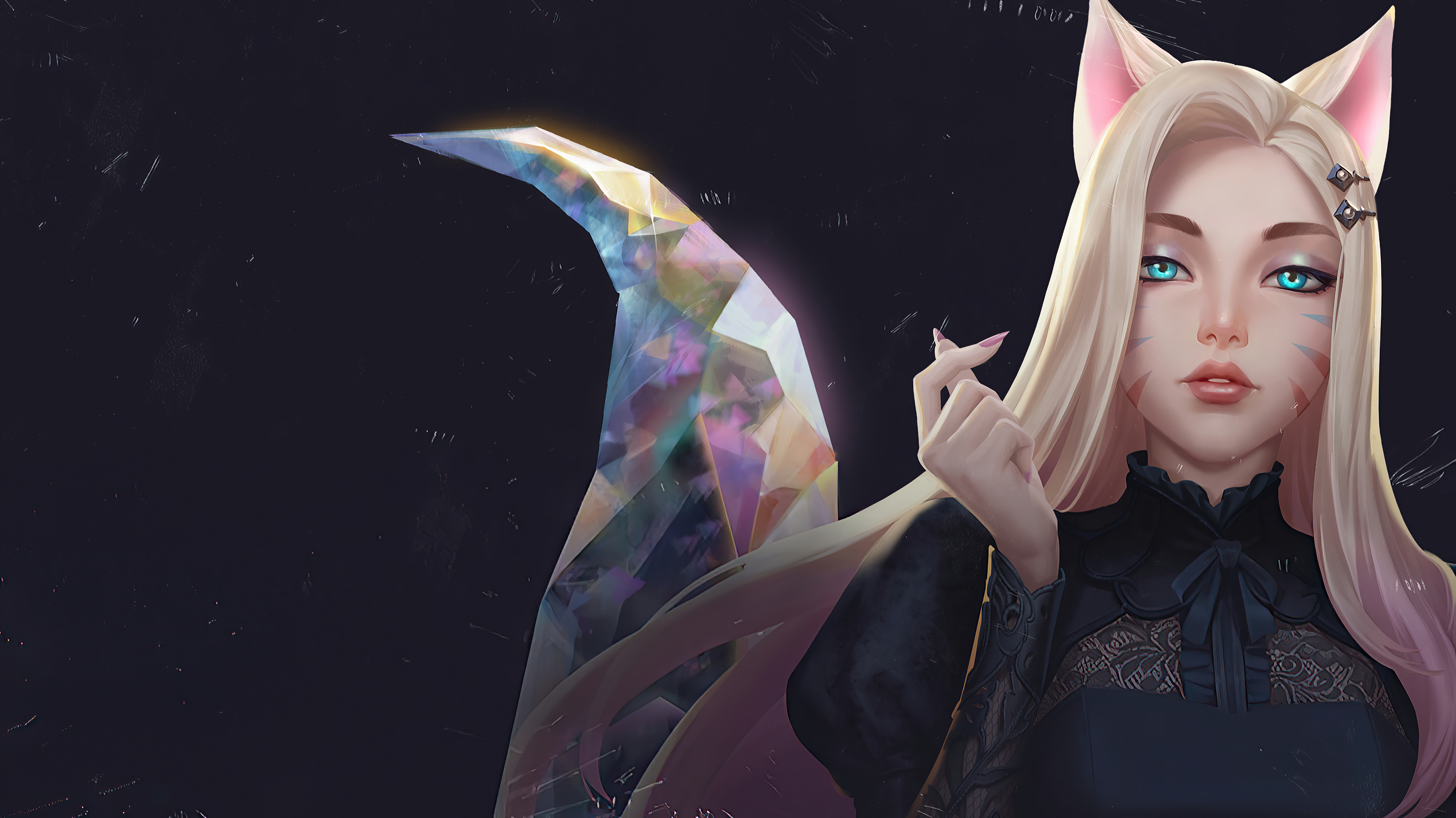 A mesmerizing 4K wallpaper featuring the K/DA Ahri The Baddest skin from League of Legends. Ahri, the enchanting nine-tailed fox, is showcased in her stylish K/DA outfit, radiating confidence and charm.