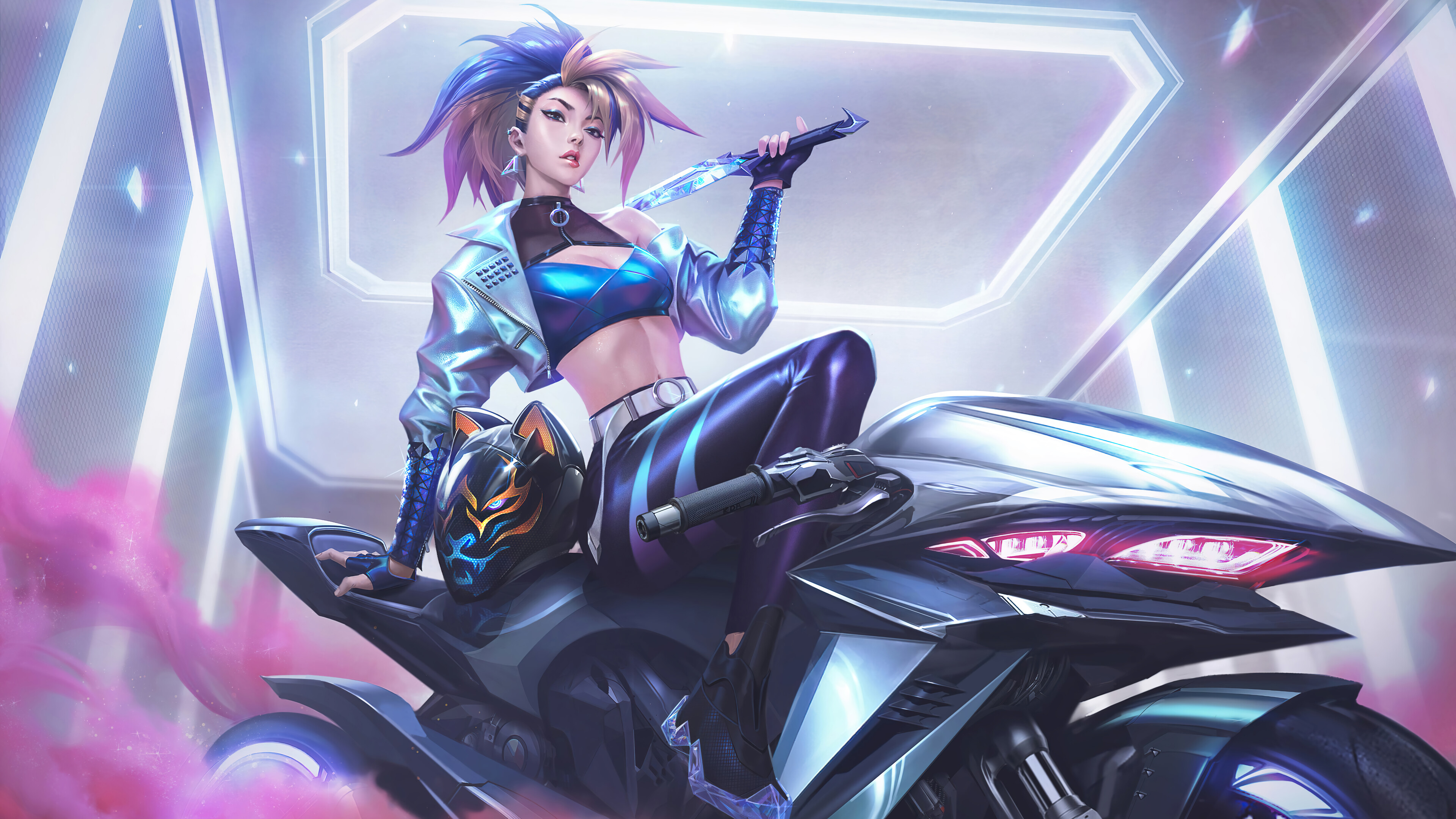 A stunning 4K wallpaper featuring the K/DA All Out Akali skin from League of Legends. Akali, the skilled assassin, is depicted in her electrifying K/DA outfit, radiating confidence and style.