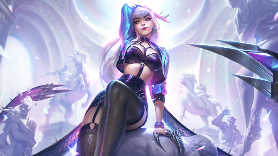 A captivating 4K wallpaper featuring the K/DA All Out Evelynn skin from League of Legends. Evelynn, the seductive Agony's Embrace, showcases her vibrant and stylish appearance in this splash art.