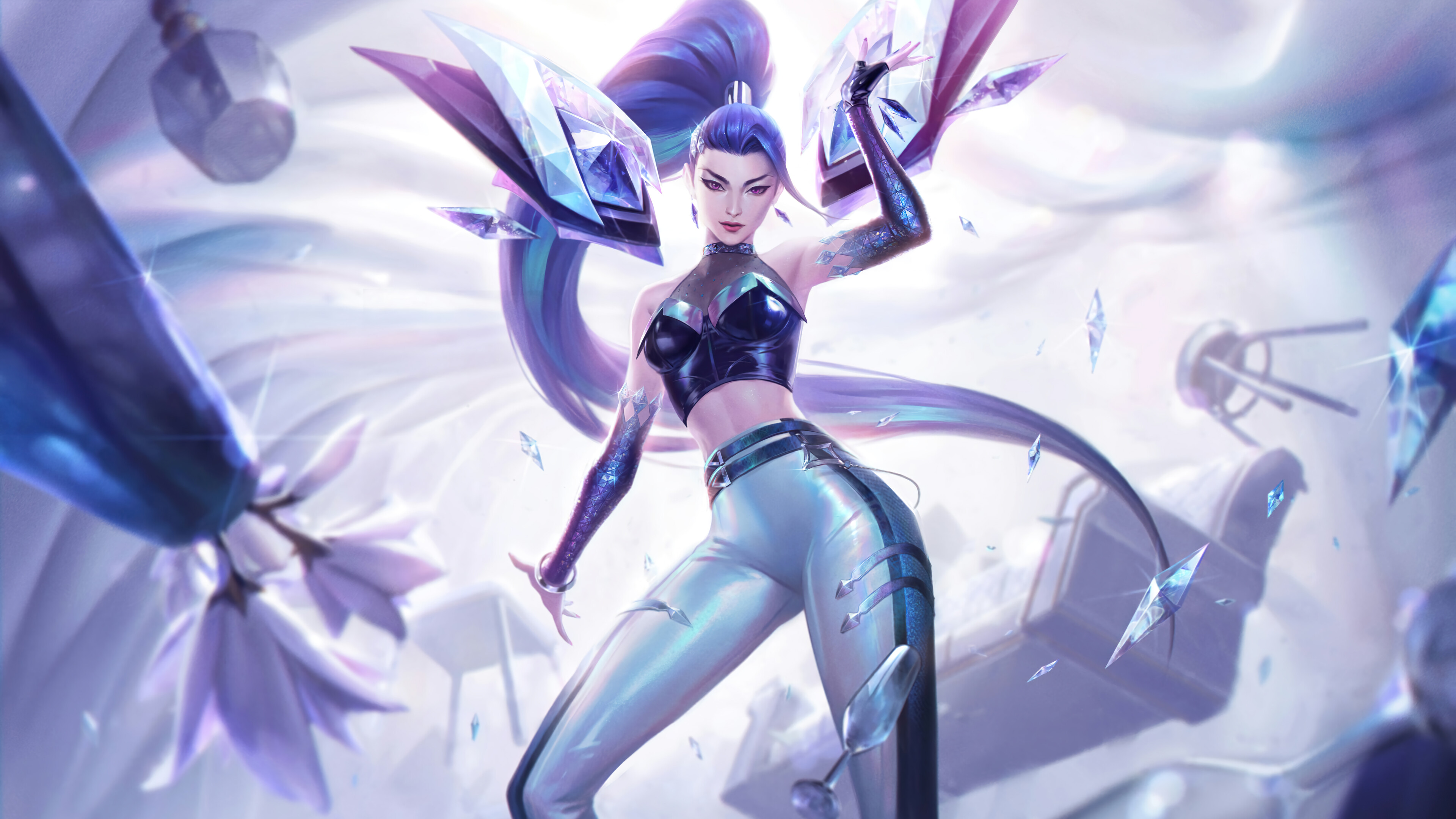 A mesmerizing 4K wallpaper showcasing the K/DA All Out Kai'Sa skin from League of Legends. Kai'Sa, the iconic champion, dazzles in her stylish K/DA outfit, radiating confidence and elegance.