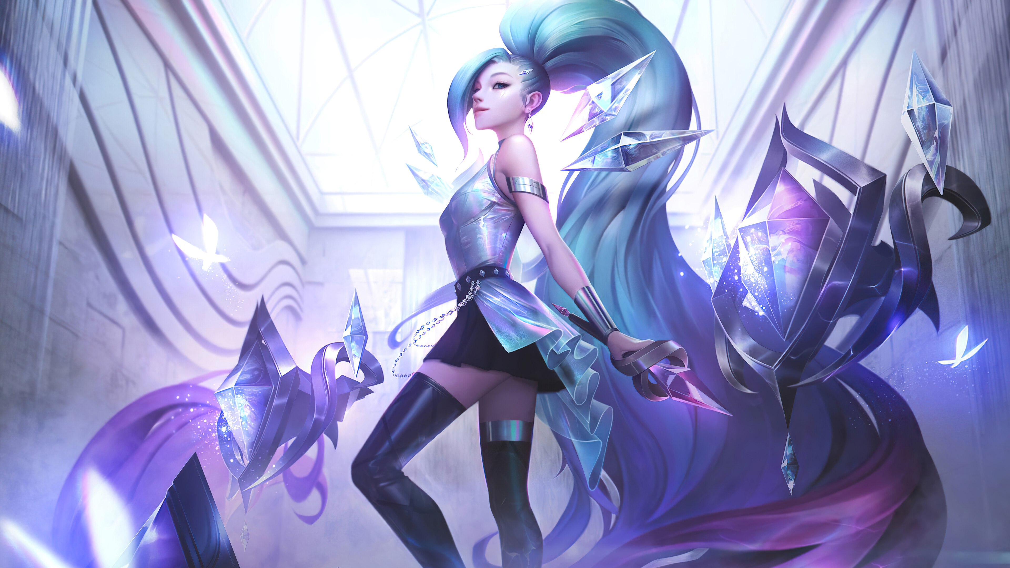 A captivating 4K wallpaper featuring the K/DA All Out Seraphine skin from League of Legends. Seraphine, the talented musician, is depicted in her stunning skin, surrounded by vibrant colors and musical elements.