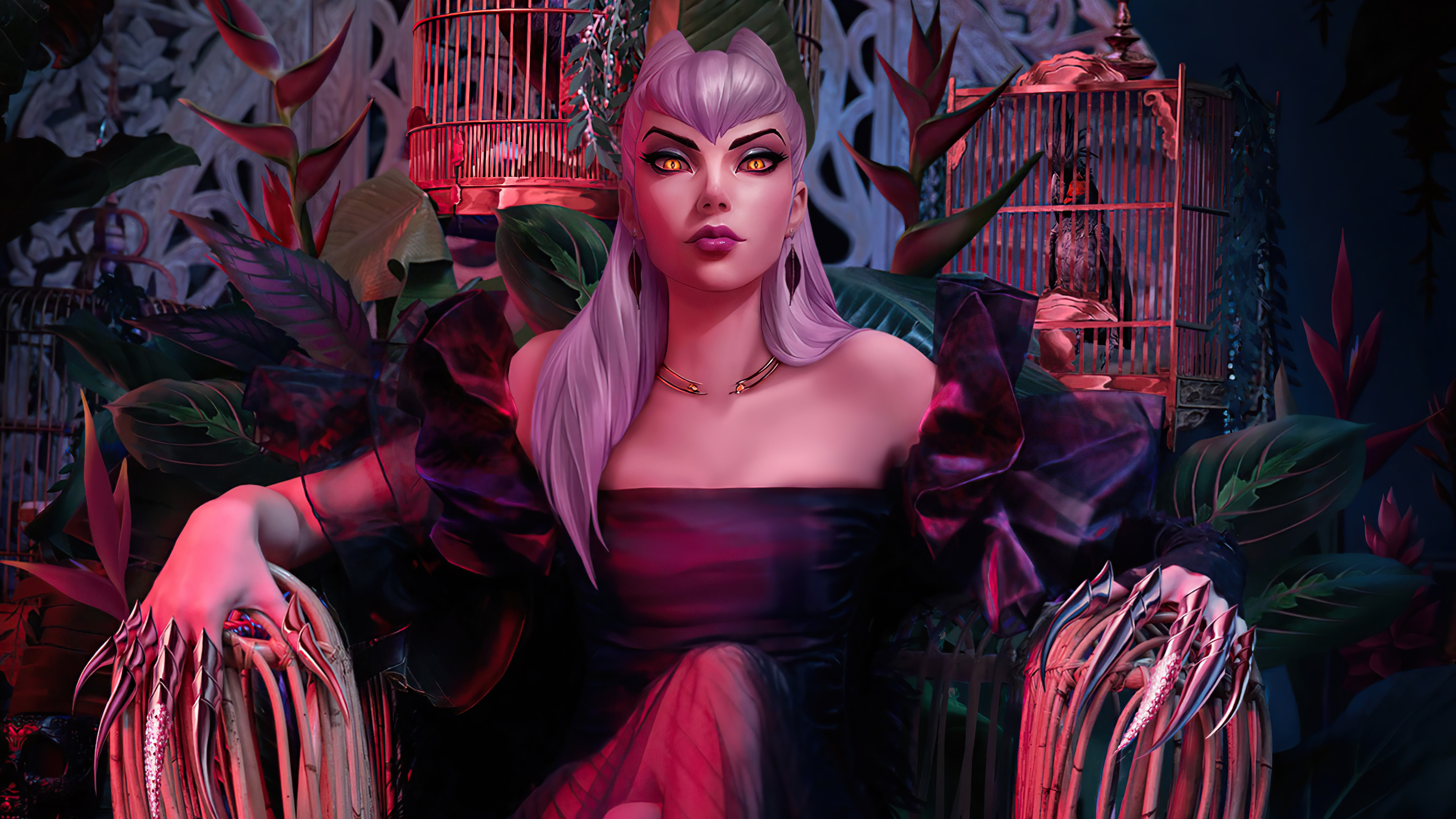 A mesmerizing 4K wallpaper featuring the K/DA Villain Evelynn skin from League of Legends. Evelynn, the seductive assassin, is shown in her stunning K/DA attire, emanating an aura of mystery and allure.