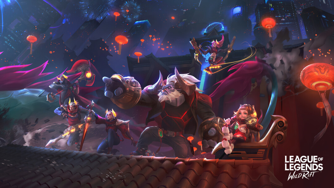 A stunning 4K desktop wallpaper featuring the Lunar Beast skins of Miss Fortune, Annie, Alistar, Fiora, Jarvan, and Darius from League of Legends Wild Rift.