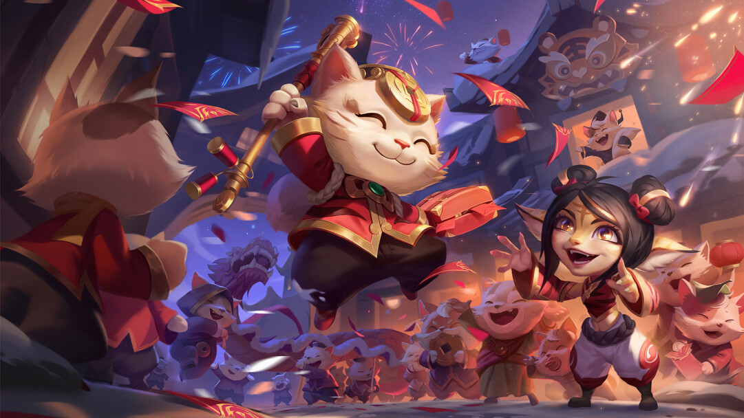 A festive 4K desktop wallpaper featuring the Lunar New Year 2022 Firecracker celebration in League of Legends.