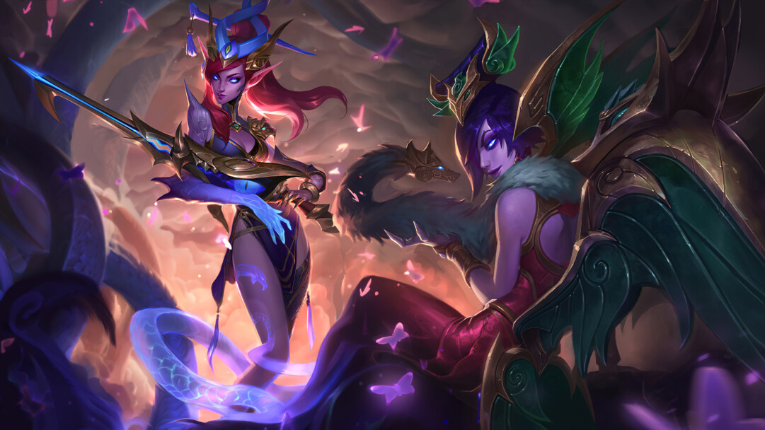 A stunning 4K desktop wallpaper featuring the Lunar Wraith Caitlyn and Morgana skins from League of Legends.