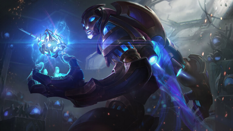 A mesmerizing 4K wallpaper showcasing the Hextech skin for Malzahar in League of Legends. Malzahar, a powerful void prophet, is depicted in his unique Hextech attire, radiating an aura of arcane energy.