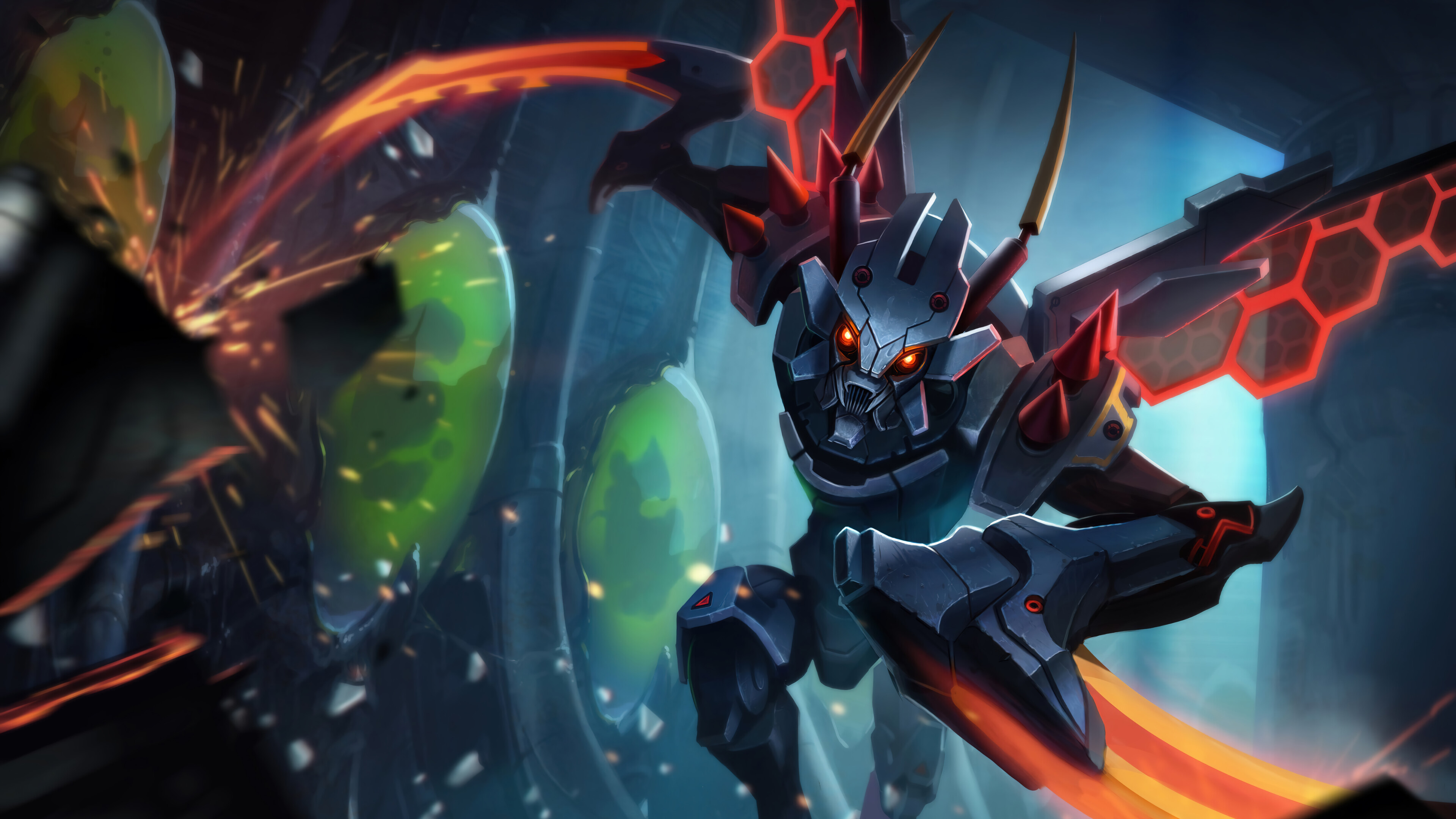 A high-quality 4K desktop wallpaper featuring the Mecha Kha'Zix skin from League of Legends.